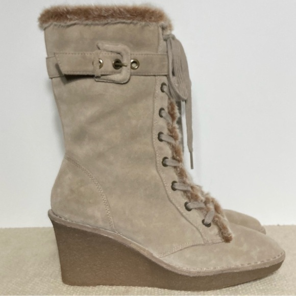 Aerosoles Womens Tan Suede Faux Fur Lace Up Wedge Boots Shoes Size US 10 M - Picture 1 of 15
